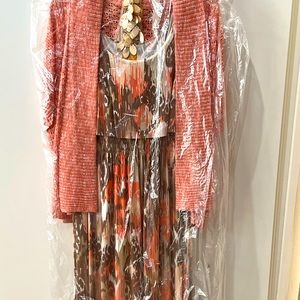 Full length sleeveless multi colored dress with sweater cover up.